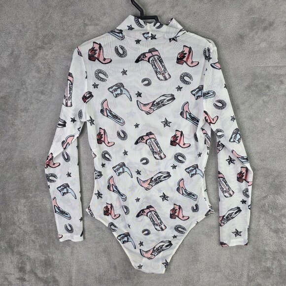 Womens Cowgirl Western Novalty Print Mesh Bodysuit Snap Closure Long Sleeve S - Picture 5 of 8